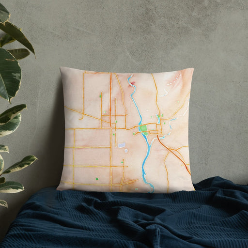 Custom Yuba City California Map Throw Pillow in Watercolor on Bedding Against Wall
