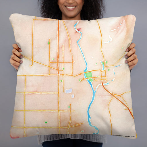 Person holding 22x22 Custom Yuba City California Map Throw Pillow in Watercolor