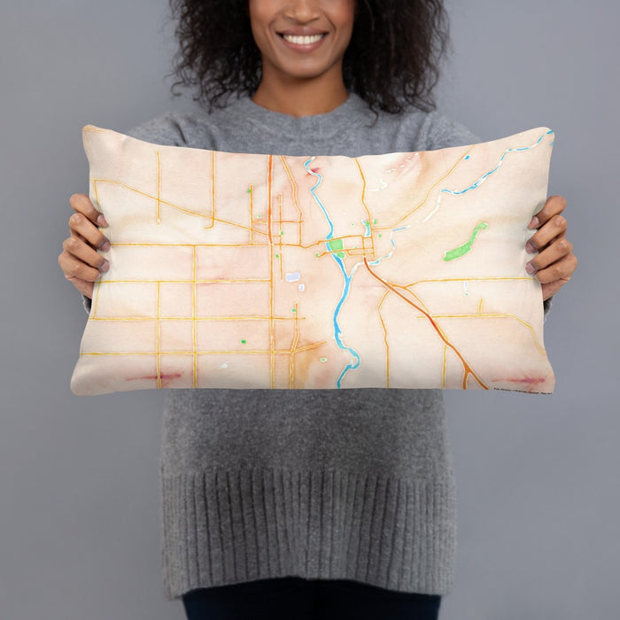Person holding 20x12 Custom Yuba City California Map Throw Pillow in Watercolor