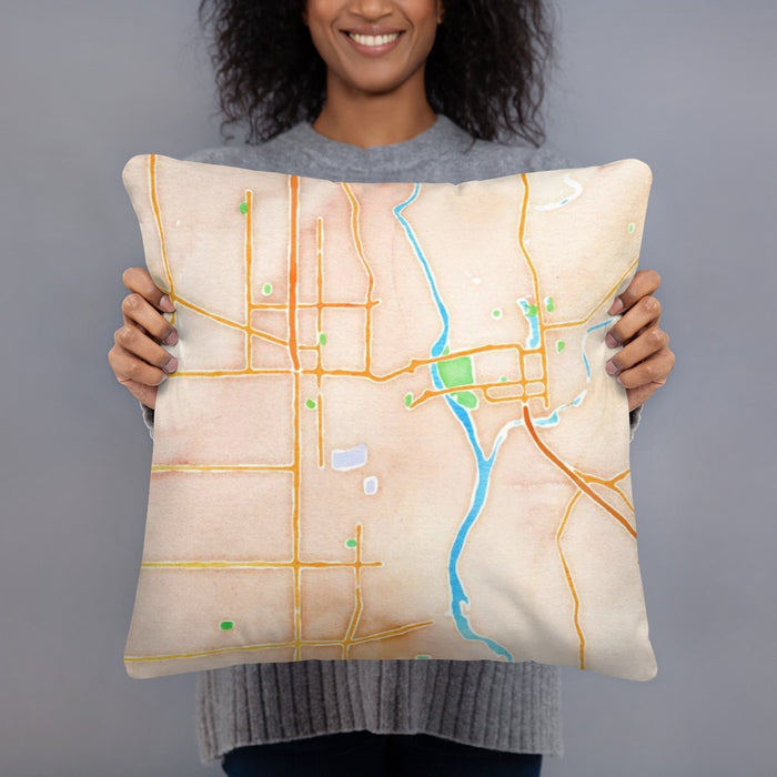 Person holding 18x18 Custom Yuba City California Map Throw Pillow in Watercolor
