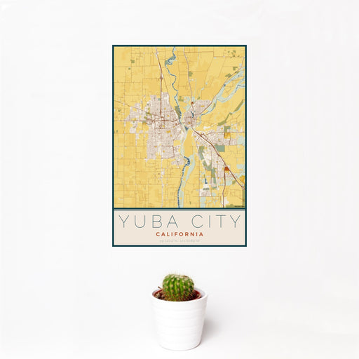 12x18 Yuba City California Map Print Portrait Orientation in Woodblock Style With Small Cactus Plant in White Planter