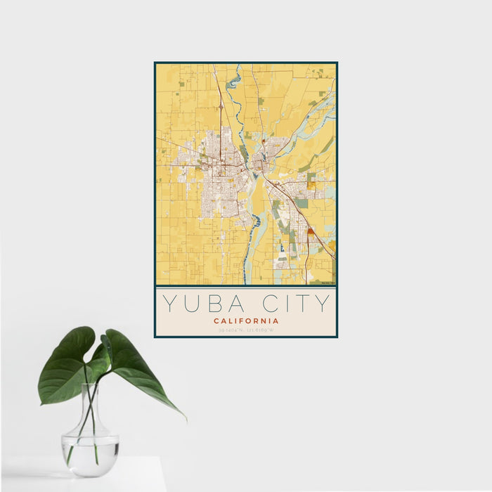 16x24 Yuba City California Map Print Portrait Orientation in Woodblock Style With Tropical Plant Leaves in Water