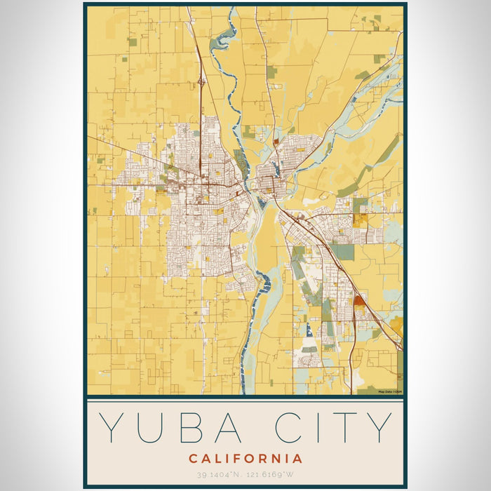 Yuba City California Map Print Portrait Orientation in Woodblock Style With Shaded Background