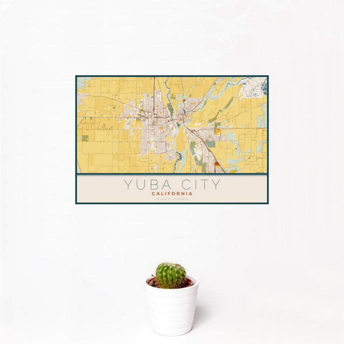 12x18 Yuba City California Map Print Landscape Orientation in Woodblock Style With Small Cactus Plant in White Planter