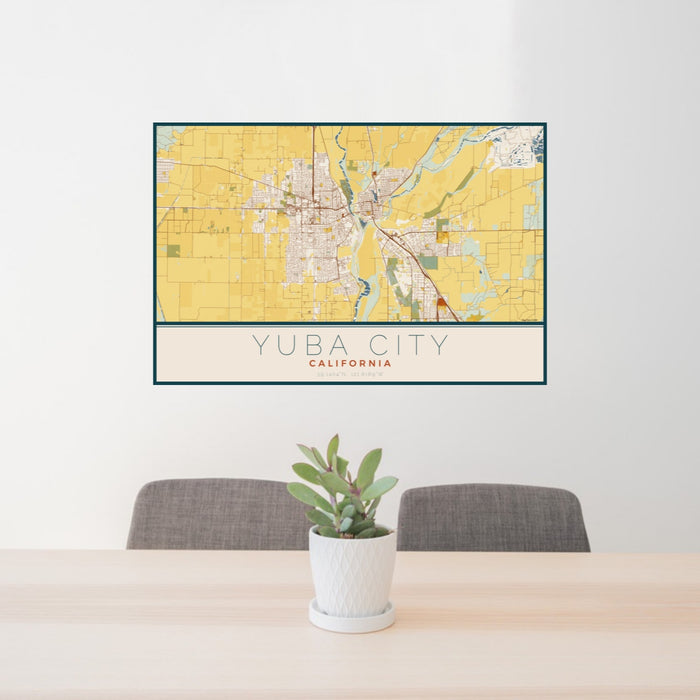 24x36 Yuba City California Map Print Landscape Orientation in Woodblock Style Behind 2 Chairs Table and Potted Plant