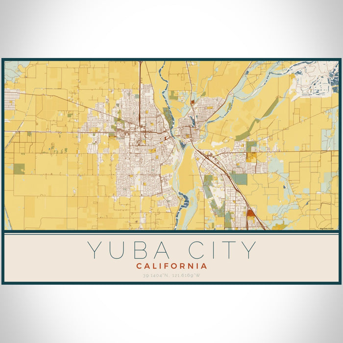 Yuba City California Map Print Landscape Orientation in Woodblock Style With Shaded Background