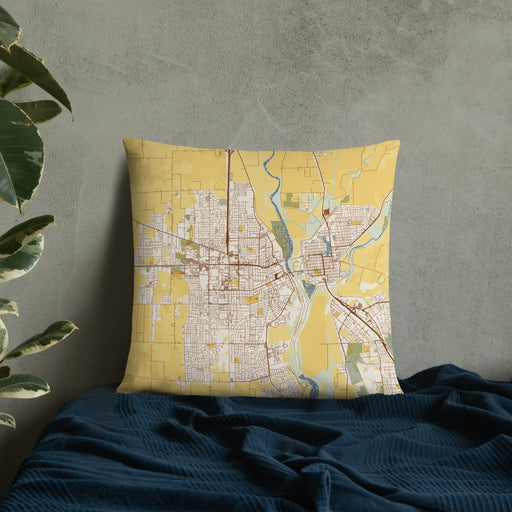 Custom Yuba City California Map Throw Pillow in Woodblock on Bedding Against Wall