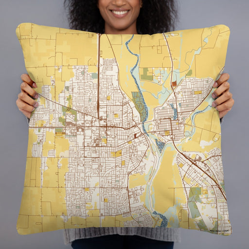 Person holding 22x22 Custom Yuba City California Map Throw Pillow in Woodblock