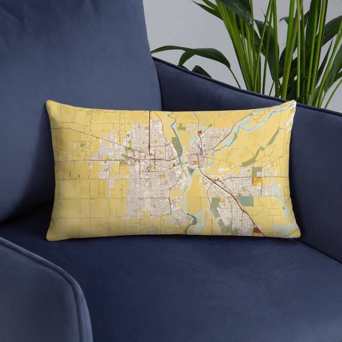 Custom Yuba City California Map Throw Pillow in Woodblock on Blue Colored Chair