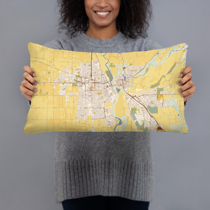 Person holding 20x12 Custom Yuba City California Map Throw Pillow in Woodblock