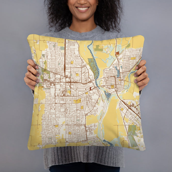 Person holding 18x18 Custom Yuba City California Map Throw Pillow in Woodblock
