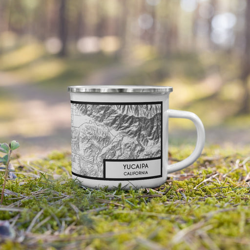 Right View Custom Yucaipa California Map Enamel Mug in Classic on Grass With Trees in Background