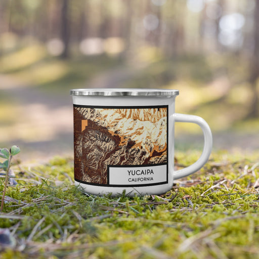 Right View Custom Yucaipa California Map Enamel Mug in Ember on Grass With Trees in Background