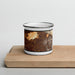 Front View Custom Yucaipa California Map Enamel Mug in Ember on Cutting Board