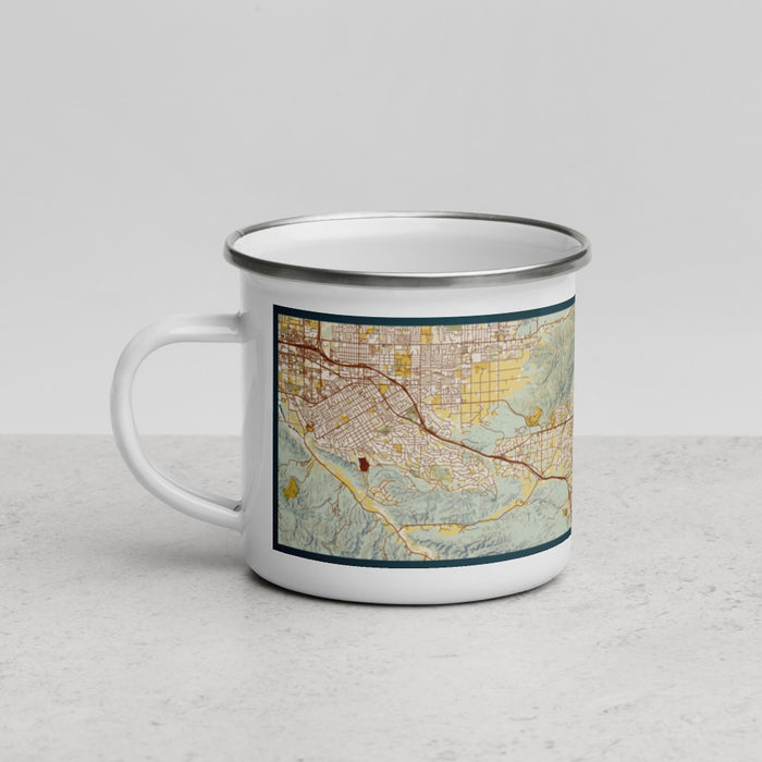 Left View Custom Yucaipa California Map Enamel Mug in Woodblock