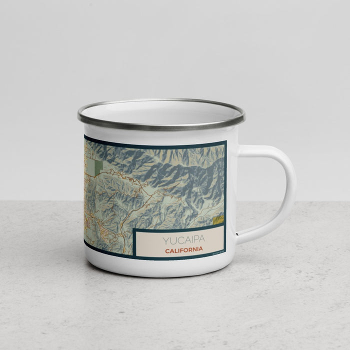 Right View Custom Yucaipa California Map Enamel Mug in Woodblock