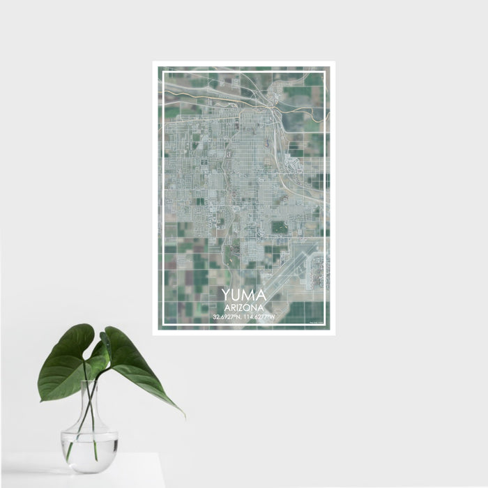 16x24 Yuma Arizona Map Print Portrait Orientation in Afternoon Style With Tropical Plant Leaves in Water