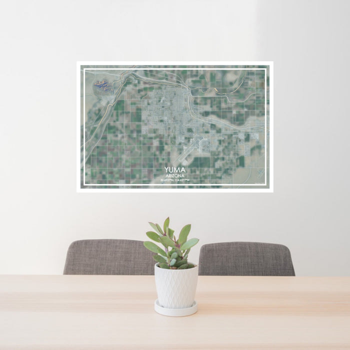 24x36 Yuma Arizona Map Print Lanscape Orientation in Afternoon Style Behind 2 Chairs Table and Potted Plant