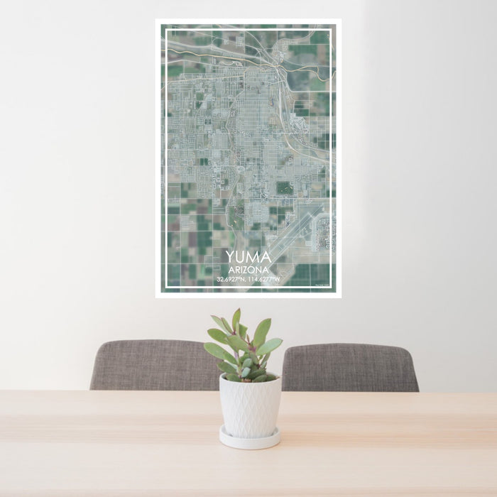 24x36 Yuma Arizona Map Print Portrait Orientation in Afternoon Style Behind 2 Chairs Table and Potted Plant