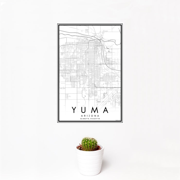 12x18 Yuma Arizona Map Print Portrait Orientation in Classic Style With Small Cactus Plant in White Planter