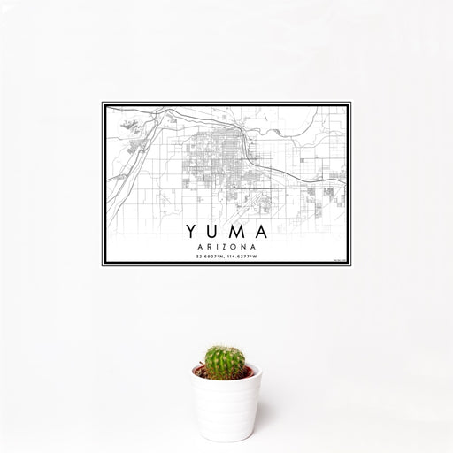 12x18 Yuma Arizona Map Print Landscape Orientation in Classic Style With Small Cactus Plant in White Planter
