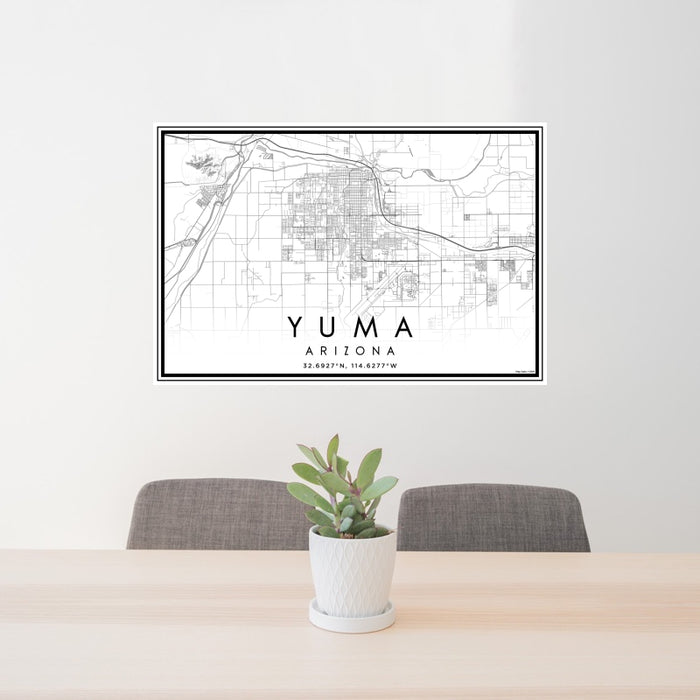 24x36 Yuma Arizona Map Print Landscape Orientation in Classic Style Behind 2 Chairs Table and Potted Plant