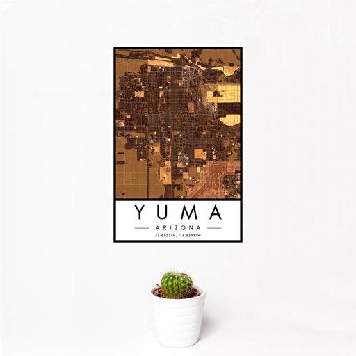 12x18 Yuma Arizona Map Print Portrait Orientation in Ember Style With Small Cactus Plant in White Planter