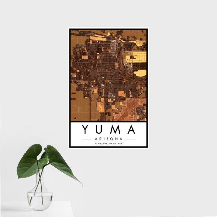 16x24 Yuma Arizona Map Print Portrait Orientation in Ember Style With Tropical Plant Leaves in Water