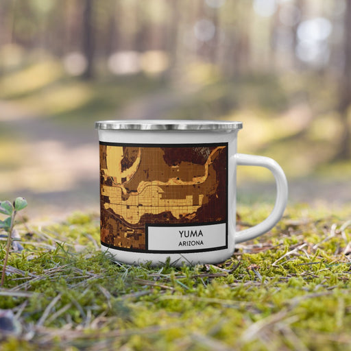 Right View Custom Yuma Arizona Map Enamel Mug in Ember on Grass With Trees in Background