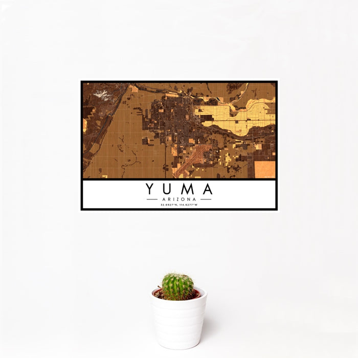12x18 Yuma Arizona Map Print Landscape Orientation in Ember Style With Small Cactus Plant in White Planter