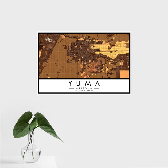 16x24 Yuma Arizona Map Print Landscape Orientation in Ember Style With Tropical Plant Leaves in Water