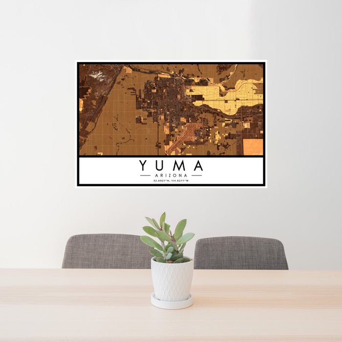 24x36 Yuma Arizona Map Print Landscape Orientation in Ember Style Behind 2 Chairs Table and Potted Plant