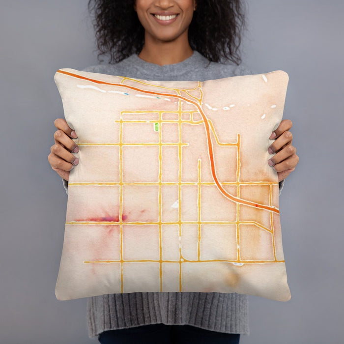 Person holding 18x18 Custom Yuma Arizona Map Throw Pillow in Watercolor