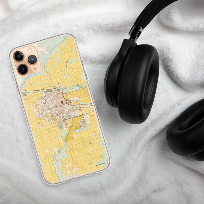 Custom Yuma Arizona Map Phone Case in Woodblock on Table with Black Headphones