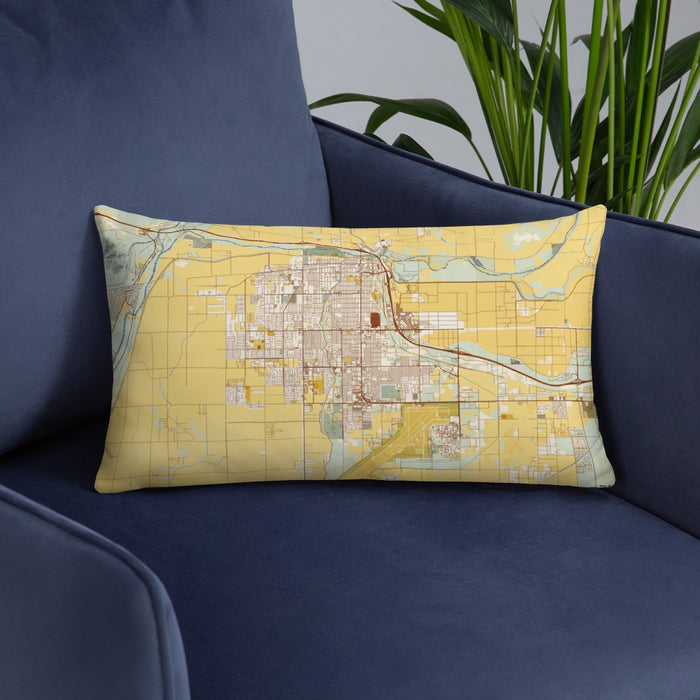 Custom Yuma Arizona Map Throw Pillow in Woodblock on Blue Colored Chair