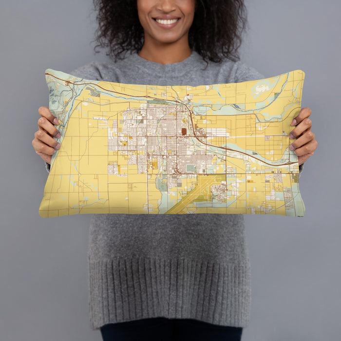 Person holding 20x12 Custom Yuma Arizona Map Throw Pillow in Woodblock