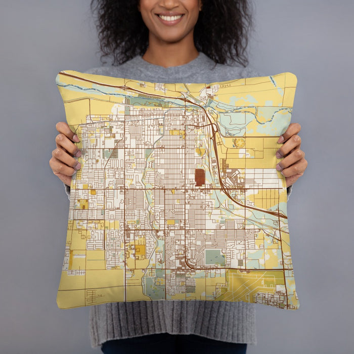 Person holding 18x18 Custom Yuma Arizona Map Throw Pillow in Woodblock