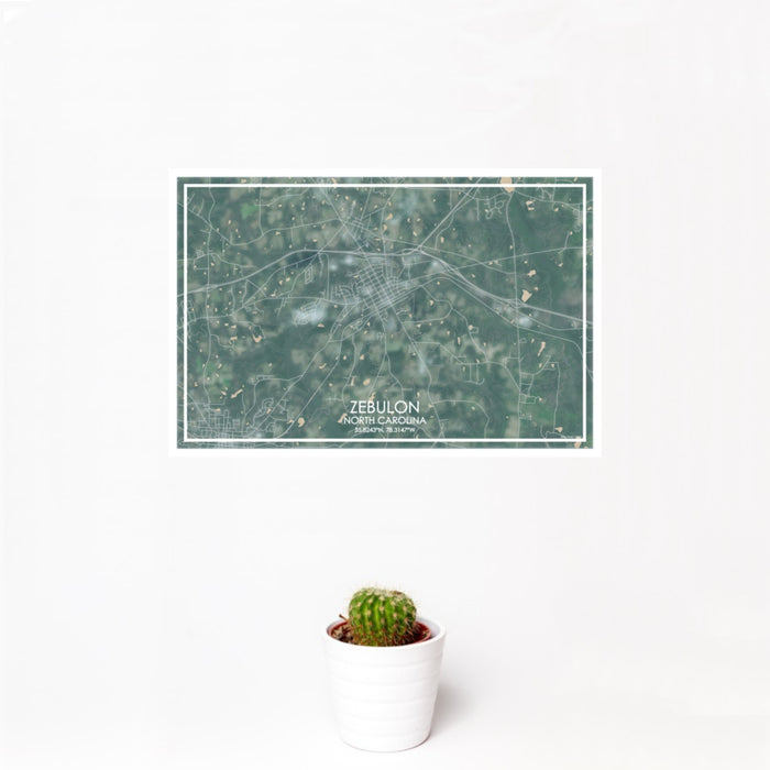12x18 Zebulon North Carolina Map Print Landscape Orientation in Afternoon Style With Small Cactus Plant in White Planter