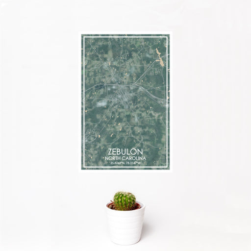 12x18 Zebulon North Carolina Map Print Portrait Orientation in Afternoon Style With Small Cactus Plant in White Planter