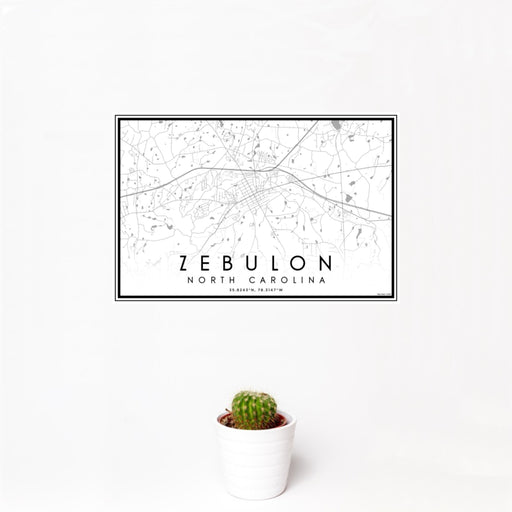 12x18 Zebulon North Carolina Map Print Landscape Orientation in Classic Style With Small Cactus Plant in White Planter