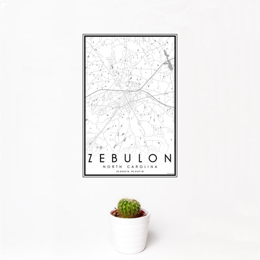 12x18 Zebulon North Carolina Map Print Portrait Orientation in Classic Style With Small Cactus Plant in White Planter