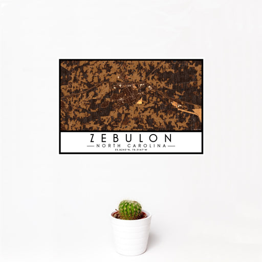 12x18 Zebulon North Carolina Map Print Landscape Orientation in Ember Style With Small Cactus Plant in White Planter