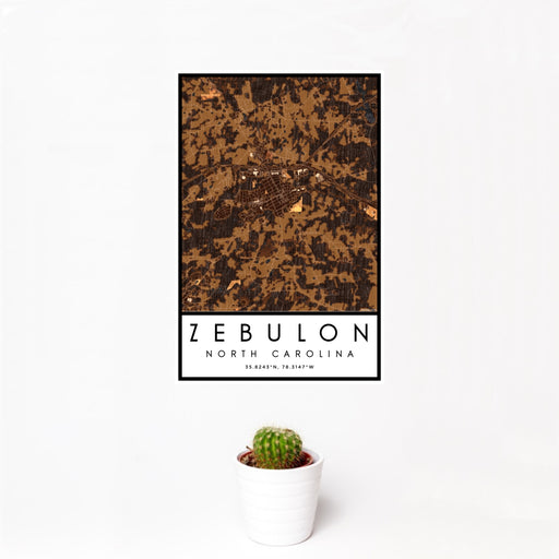 12x18 Zebulon North Carolina Map Print Portrait Orientation in Ember Style With Small Cactus Plant in White Planter