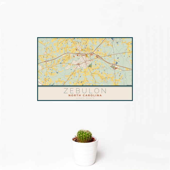 12x18 Zebulon North Carolina Map Print Landscape Orientation in Woodblock Style With Small Cactus Plant in White Planter