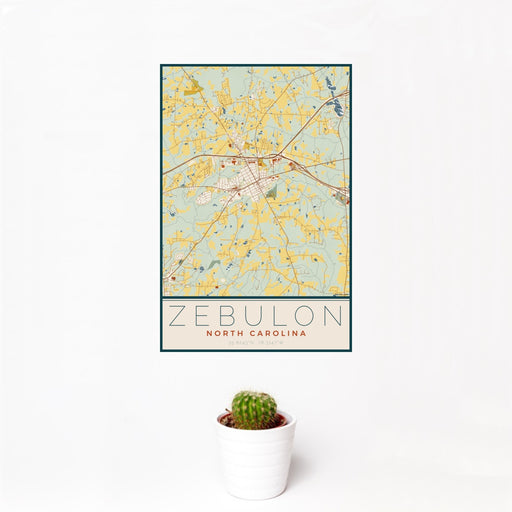 12x18 Zebulon North Carolina Map Print Portrait Orientation in Woodblock Style With Small Cactus Plant in White Planter