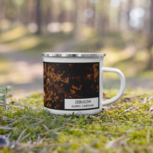 Right View Custom Zebulon North Carolina Map Enamel Mug in Ember on Grass With Trees in Background