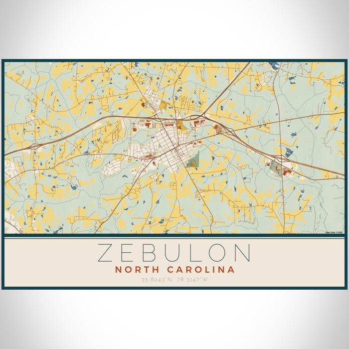 Zebulon North Carolina Map Print Landscape Orientation in Woodblock Style With Shaded Background