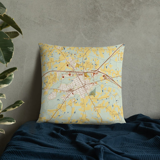 Custom Zebulon North Carolina Map Throw Pillow in Woodblock on Bedding Against Wall
