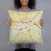 Person holding 18x18 Custom Zebulon North Carolina Map Throw Pillow in Woodblock