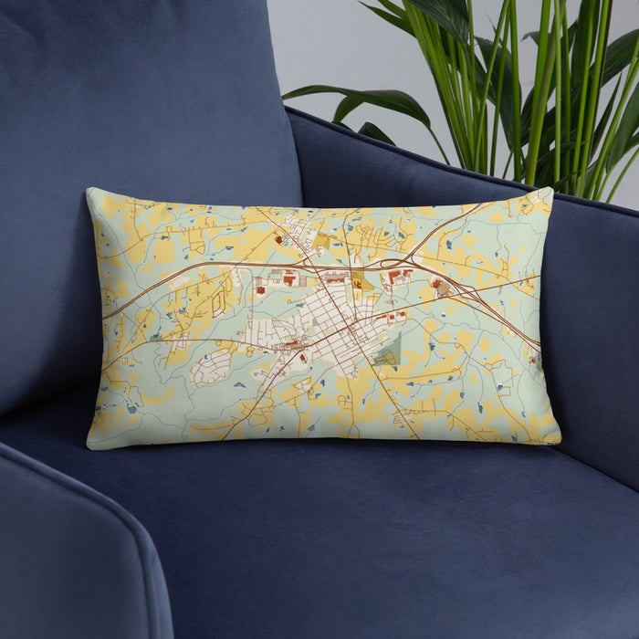 Custom Zebulon North Carolina Map Throw Pillow in Woodblock on Blue Colored Chair